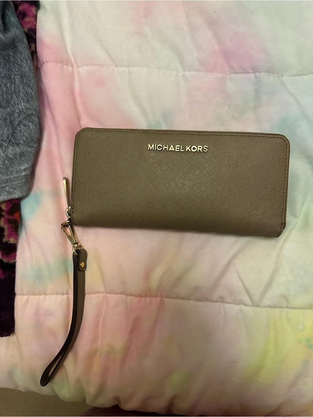 Michael Kors Taupe Saffiano Wristlet with Gold Logo